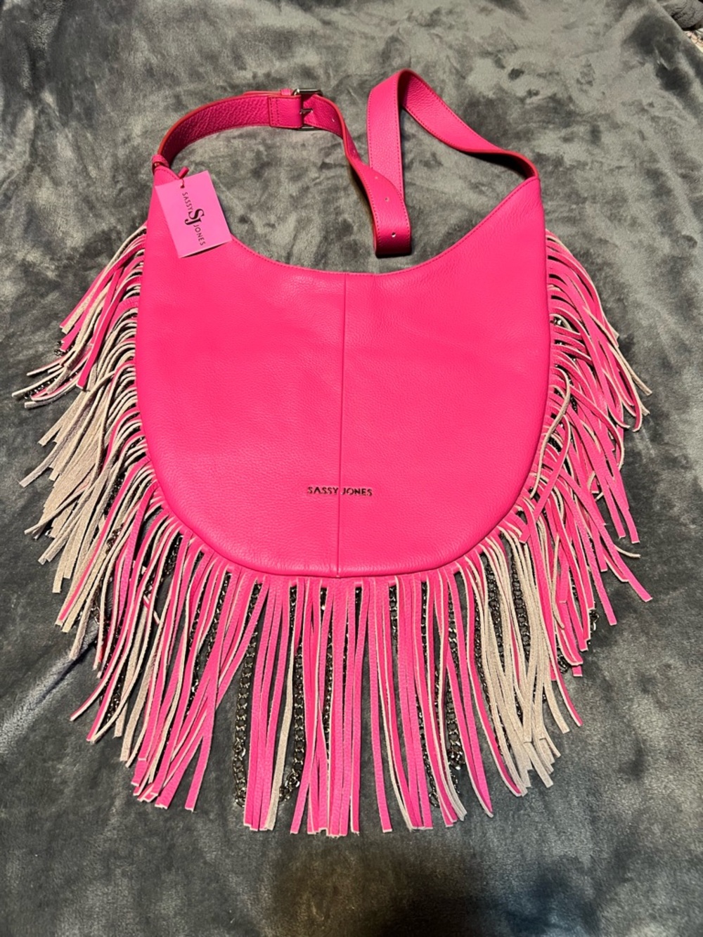 Sassy Jones Neon Pink Fringe Leather Hobo Shoulder Bag